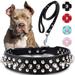 Fovien Dog Collar with Leash Durable Rivet PU Leather Dog Collars for Pit Bull Spiked Studded for Small Medium Large Dog