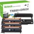 A Aztech 4-Pack Compatible TN-660 Toner Cartridge & DR-630 Drum Unit for Brother TN660 DR630 HL-L2360DW HL-L2340DW HL-L2380DW DCP-L2520DW MFC-L2680DW (3x Toner Cartridge 1x Drum Unit)