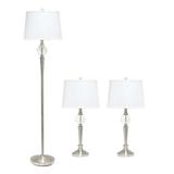Brushed Nickel 3 Pack Table Lamp Set with Crystal Accented Base (2 Table Lamps 1 Floor Lamp)