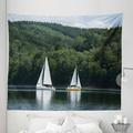 Nature Tapestry Sailboats on a Lake Forest Hill Yachting Countryside Coastline Nature Scenics Fabric Wall Hanging Decor for Bedroom Living Room Dorm 5 Sizes Green White by Ambesonne
