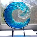 Ocean Wave Fused Glass Sculpture Ocean Wave Art Handmade Crafts Ornament with Bracket Creative Gradient Blue Wave Sculpture Ornament Decoration