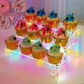SchSin Cupcake Stand 3 Tiers Cake Display Stand with LED Light String Acrylic Cupcake Display Shelf Transparent Dessert Tower Table Top Decoration for Birthday Party Wedding Baby Shower