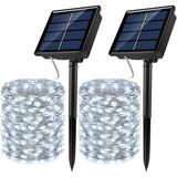 Morttic Solar Fairy String Lights 2 Pack 33 ft 100 LED Outdoor Waterproof 8 Modes Twinkle Upgraded Larger Solar Powered Panels Lights Silver Wire Solar Fairy String Lights Decoration (White)