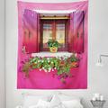 Pink Tapestry Outdoor View of Painted Vintage Window with Flowers in Pots Picture Print Fabric Wall Hanging Decor for Bedroom Living Room Dorm 5 Sizes Pink and Multicolor by Ambesonne