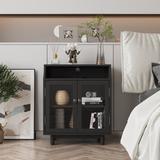 Winston Porter Nightstand w/ Storage Shelves & Cabinets, glass Door, usb Design, white Wood in Black | 26 H x 25 W x 16 D in | Wayfair