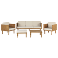 Lounge Set Hellbraun Akazienholz 5-teilig für 5 Personen mit Auflagen Beige Stoff Couchtisch Fußhocker 3er Sofa 2 Sessel Outdoor Garten