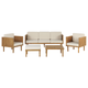 Lounge Set Hellbraun Akazienholz 5-teilig für 5 Personen mit Auflagen Beige Stoff Couchtisch Fußhocker 3er Sofa 2 Sessel Outdoor Garten