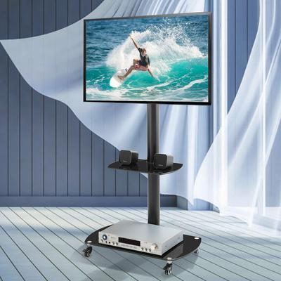 53-57''Height Adjustable&90 Degree Swivel Metal Frame Mobile Floor TV Stand Display Bracket with 2 Glass Shelf&Lockable Wheel