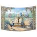 YKCG Floral Watercolor Peacocks in A Spring European Garden with Fountains & Flowers Wall Hanging Tapestry Wall Art 40x60 inches