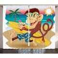 Monkey Curtains 2 Panels Set Hipster Monkey with His Surfboard and Glasses Drinking on Sandy Beach in Sunny Day Kids Theme Living Room Bedroom Decor Multi by Ambesonne