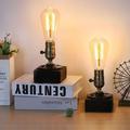 Set of 2 Industrial Table Lamp Minimalist Retro Bedside Table Lamp with Natural Wooden Base For Bedroom Living Room Reading Room
