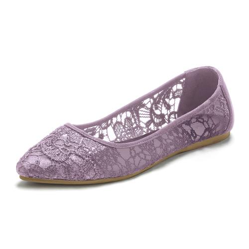 „Slipper LASCANA „“Ballerina““ Gr. 39, lila (flieder) Damen Schuhe Brautschuh Ballerina Slip ons Halbschuh, mit floraler Spitze VEGAN“