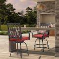 Nuu Garden 2 Piece Outdoor Patio Swivel Bar Stool Set Steel Bar Height Bistro Chairs with Padded Cushions and Extra Pillows Patio Garden Backyard and Balcony Black with Gold Points and Red