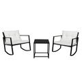 Ktaxon 3 Piece Rocking Wicker Patio Chairs Set Iron Frame Rattan Bistro Conversation Set with Glass Coffee Table