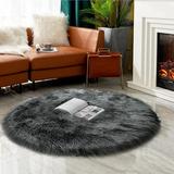 Ghouse Round Dark Grey Rug 6.7 feet Thick and Fluffy Faux Sheepskin Machine Washable Circle Plush Carpet Faux Sheepskin Rug for Living Room Bedroom Kids Room