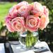 Enova Home Pink Artificial Silk Open Roses Fake Flowers Arrangement in Clear Glass Vase with Faux Water for Home Decoration