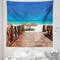 Tropical Tapestry Walkway Heads to Sandy Beach Resort in Cuba Summer Day Hot Burnt Ocean Fabric Wall Hanging Decor for Bedroom Living Room Dorm 5 Sizes Chocolate Navy Turquoise by Ambesonne