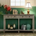 Kepooman Rustic Brushed Texture Wooden Console Table with 4 Drawers and Bottom Shelf for Entryway 59 L x 15.2 W x 33 H Grey Wash