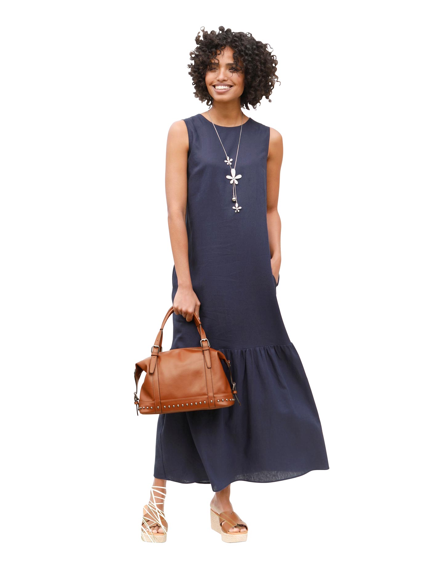Trägerkleid HEINE "Kleid", Damen, Gr. 42, Normalgrößen, blau (marine), Web, 55% Leinen, 45% Viskose, unifarben, lang, Rundhals, Kleider Image