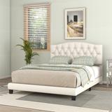 Queen Size Linen Upholstered Platform Bed with Curved Button-Tufted Headboard, Wood Frame and Center Support Legs