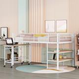 Twin Size Metal Loft Bed with Movable Wood Desk and 2-Tier Wooden Open Storage Shelves, 77.2"L x 41"W x 45.6"H