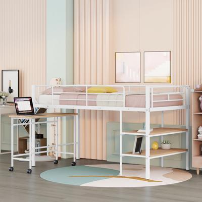 Twin Size Metal Loft Bed with Movable Wood Desk and 2-Tier Wooden Open Storage Shelves, 77.2