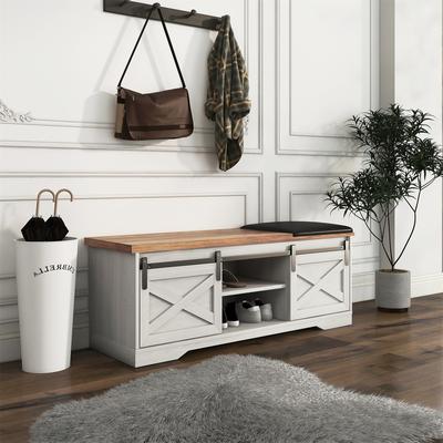 CLihome 47 In. Wood Farmhouse Sliding X Barn Door Litterbox Bench