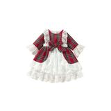 Peyakidsaa Kids Girl Christmas Princess Dress 3/4 Sleeve Round Neck Plaid Print Ruffle Lace High Waist Dress