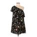 Xhilaration Casual Dress - Shift One Shoulder Short sleeves: Black Floral Dresses - Women's Size Medium