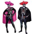 I LOVE FANCY DRESS Halloween Couples Day of the Dead Costumes - Matching Sugar Skull Skinsuits + His & Hers Sombreros + Red & Pink Capes (Mens: Large - Ladies: Small)