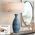 Possini Euro Design Annette Coastal Table Lamp 38 Tall Blue Ceramic Drip Vase with Table Top Dimmer Off White Oval Shade for Bedroom Living Room Home
