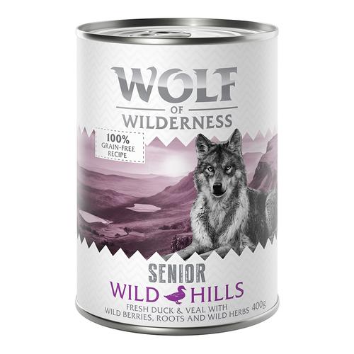 5 + 1 gratis! 6 x 400 g SENIOR Wild Hills - Ente & Kalb Wolf of Wilderness Hundefutter nass