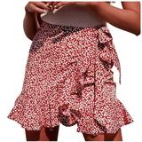 Mrat Skirt Women s Floral Print Skirt Fashion Ladies Casual Print Ruffles A-Line Pleated Lace Up Bandage Short SKirt Tennis Skirt