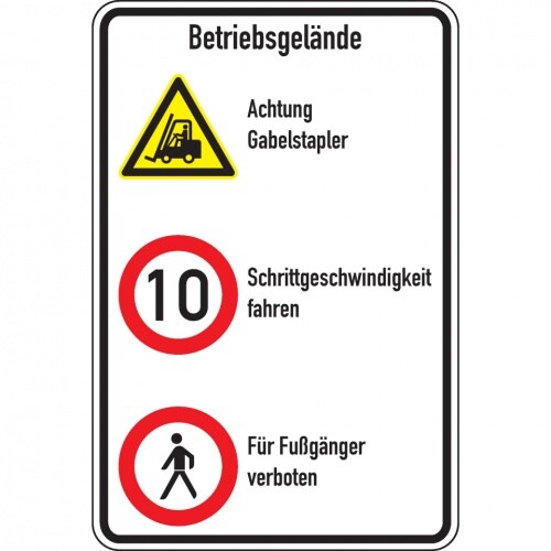 Schild I Kombischild Betriebsgelände, Stapler und 10 km/h + Fußgänger, Aluminium, 600x900mm, DIN EN ISO 7010 W014 Image