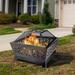 26'' Square Iron Fire Pit with Top Ring Mesh Lid for Backyard Garden