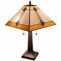 21 Amber Cream and Blue Stained Glass Two Light Mission Style Table Lamp