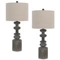 31 Inch Accent Table Lamp Resin Turned Base Set of 2 Beige Gray- Saltoro Sherpi