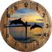 Wood Wall Clock 18 Inch Round Dolphins Wall Art Two Dolphins Jumping Sunset Sunrise Behind Glowing Sky Round Small Battery Operated