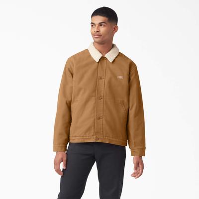 Dickies Men's Duck Canvas High Pile Fleece Jacket - Stonewashed Brown Size L (TJR04)