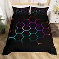 Loussiesd Boys Honeycomb Comforter Cover Kids Men Girls Modern Geometry Hexagon Bedding Set Colorful Grid Art Neon Duvet Cover Red Purple Teal Black Bedspread Cover 3Pcs Double Size