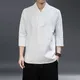 T-shirt d'été fin en coton et lin pour hommes vêtement Hanfu de Style ancien manches 3/4 couleur