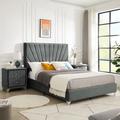 Mercer41 Bed w/ One Nightstand, Beautiful Line Stripe Cushion Headboard, Strong Wooden Slats + Metal Legs w/ Electroplate in Gray | Wayfair
