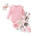 KIMI BEAR Newborn Baby Girls Outfits 9 Months Newborn Girls Autumn Outfits 12 Months Newborn Girls Sweet Long Sleeve Romper + Floral Print Suspender Dress + Headband 2PCs Set Pink