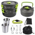 11PCS Camping Cookware Mess And with Kettle Stainless Steel Cups Lightweight for Hiking Backpacking Picnic Green