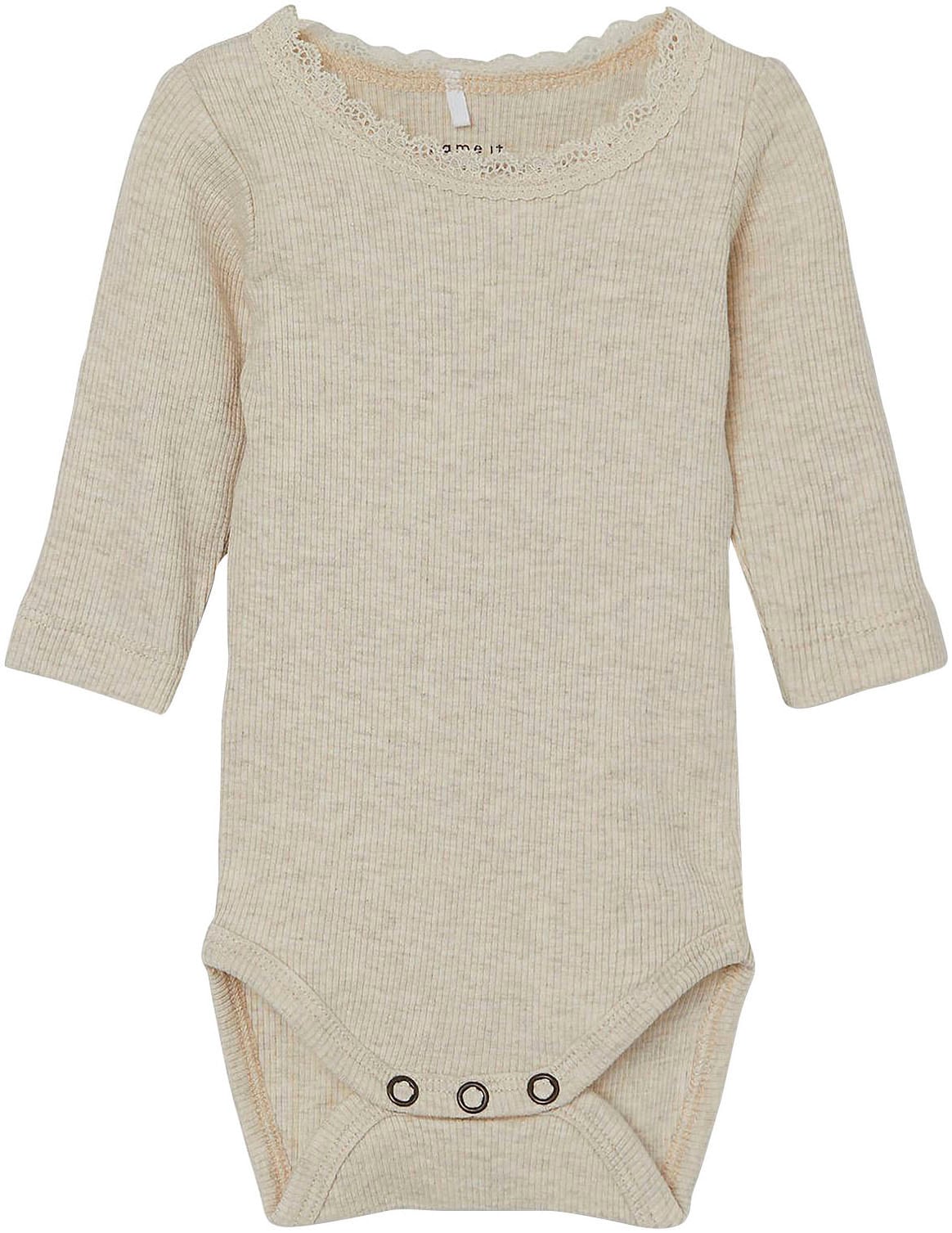 Langarmbody NAME IT "NBFKAB LS BODY NOOS", Baby, Gr. 86, N-Gr, beige (peyote melange), Jersey, Obermaterial: 57% Baumwolle, 38% Modal, 5% Elasthan, meliert, unifarben, normal, Rundhals, Bodys Image