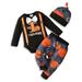 Kucnuzki 0 Months Baby Boy Winter Outfits Pants Sets 3 Months Long Sleeve Halloween Pumkin Prints Hooded Tops Elastic Pants Hat 3PCS Set Black