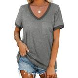 Woman Shirts trendy short Sleeve color block patchwork Tee comfy Plus Size v neck Blouses with pockets