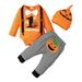 Kucnuzki 0 Months Baby Boy Winter Outfits Pants Sets 3 Months Long Sleeve Halloween Letter Prints Bowknot Romper Tops Elastic Plaid Prints Pants Hat 3PCS Set Orange