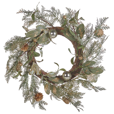 Weihnachtskranz Grün und Gold ⌀ 45 cm Rund Künstlich mit Tannenzapfen Weihnachtskugeln Kranz für Weihnachten Weihnachtsd