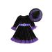 Kids Baby Girls Casual Long Sleeve Dress Halloween Contrast Color Ruffle Round Neck A-line Dress with Witch Hat